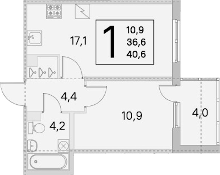 1-комнатная квартира 36.6 м², 1/5 эт., ЖК «ЮгТаун. Олимпийские кварталы»